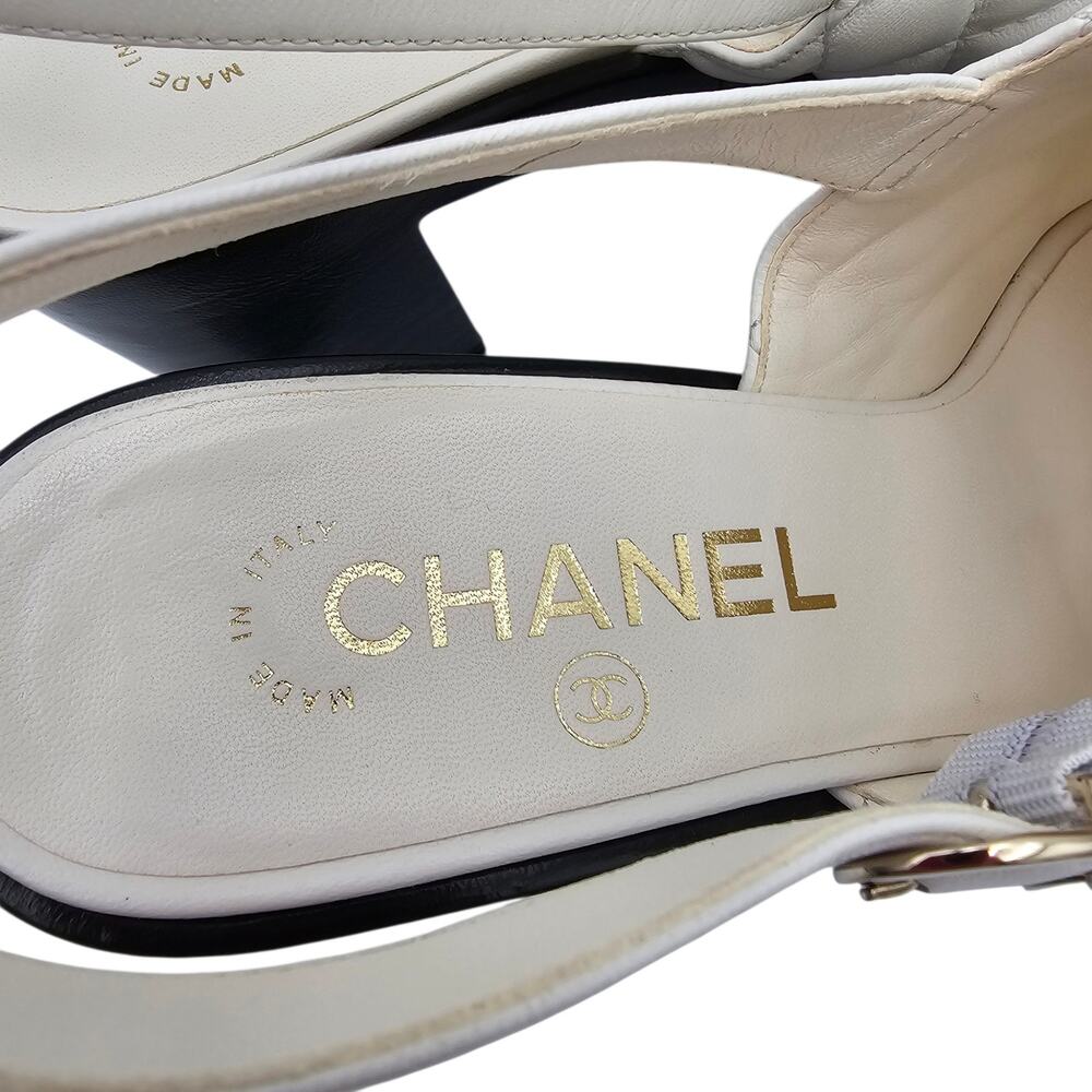 Chanel CC White Quilted Leather Heel Platform Slingback Sandal Size 38.5 7.5 8 - Picture 10 of 15